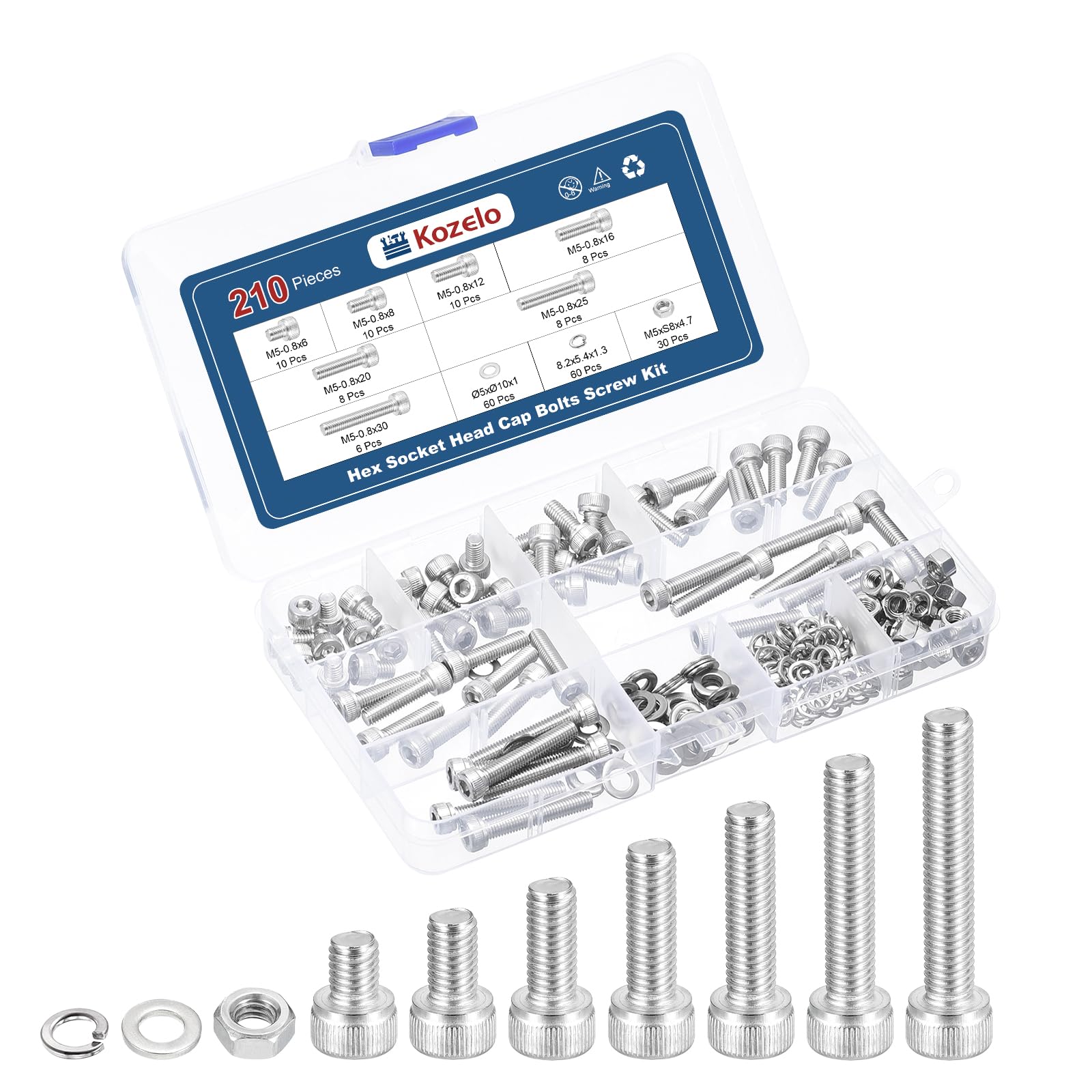 Kozelo 210pcs M5 Socket Head Cap Screws Bolts Nuts Assortment Kit - [M5x6/8/12/16/20/25/30mm] 304 Stainless Steel Allen Socket Drive for 3D Printer