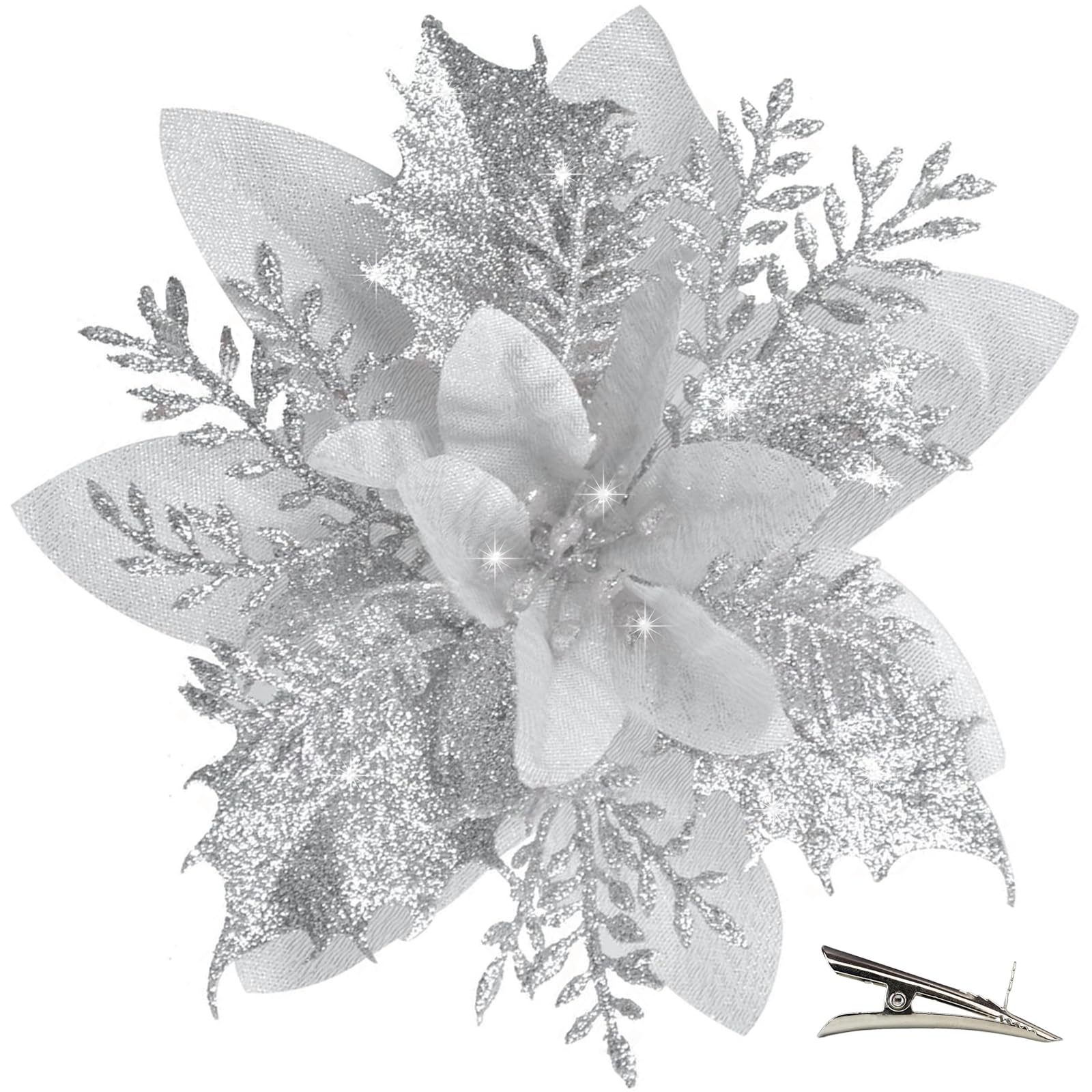 MIKAILE 20PCS Christmas Flowers Artificial with Clip, Poinsettia Christmas Decorations with Glitter for Christmas Tree Decorations Garland Wreaths DIY Ornaments (Silver) โ image 1