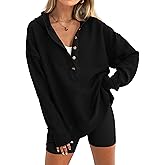 PRETTYGARDEN Womens Fashion 2026 Oversized Long Sleeve Hoodie Button Down V Neck Sweatshirt Side Slit Casual Pullover Tops