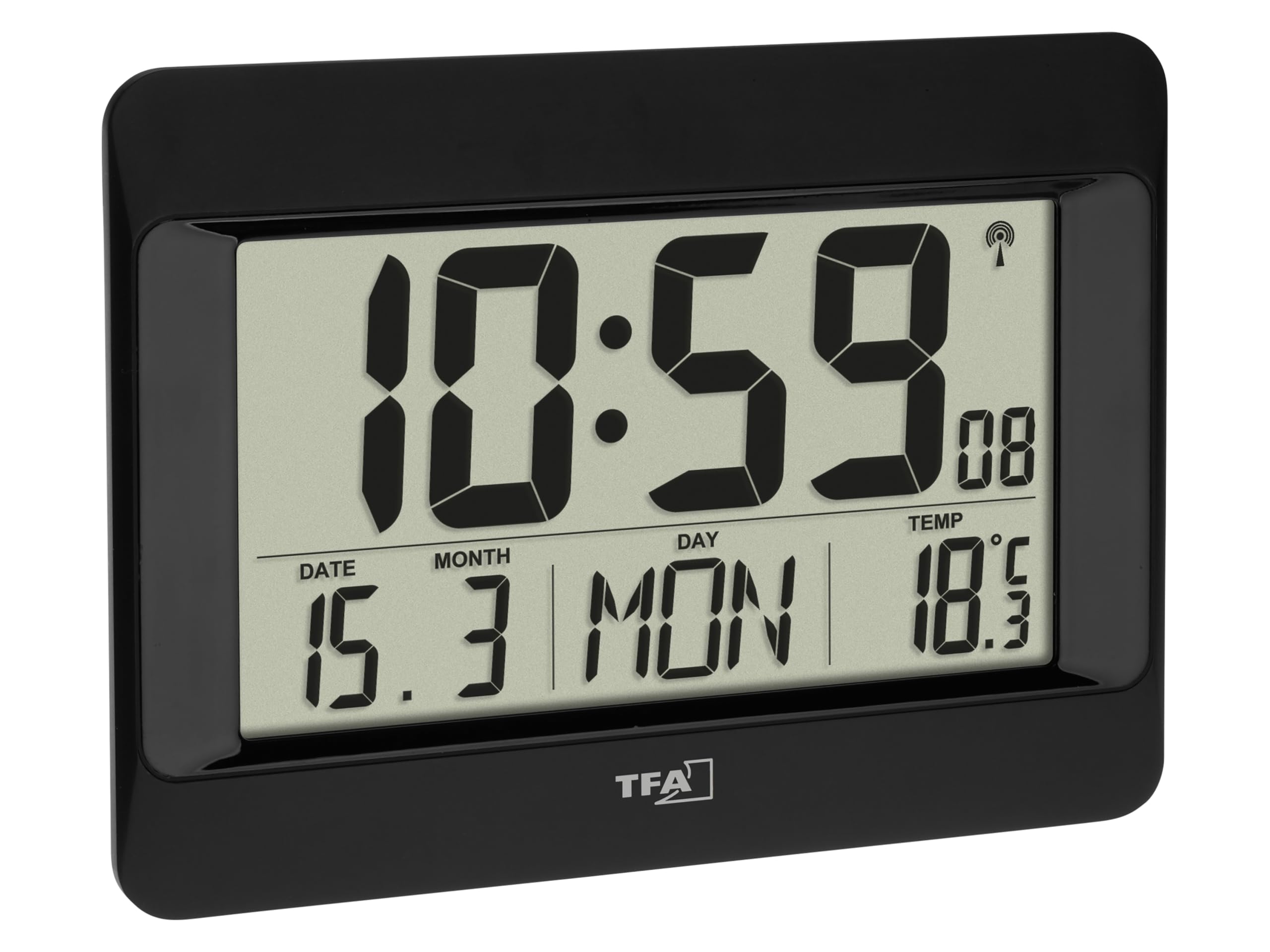 TFA Dostmann Digital Wall Clock, 60.4519.01, Radio-Controlled Clock with Indoor Temperature, Day of the Week (8 Languages), Date, Time Zone Setting, Black, Plastic, (L) 215 x (W) 160 x (H) 26 (68) mm — image 1