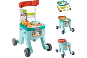 Fisher-Price Baby Push Toy 4-in-1 Snack Cart Walker Learning Activity, 14 Pieces for Pretend Play Infants Ages 6+ Months, Multilanguage Version