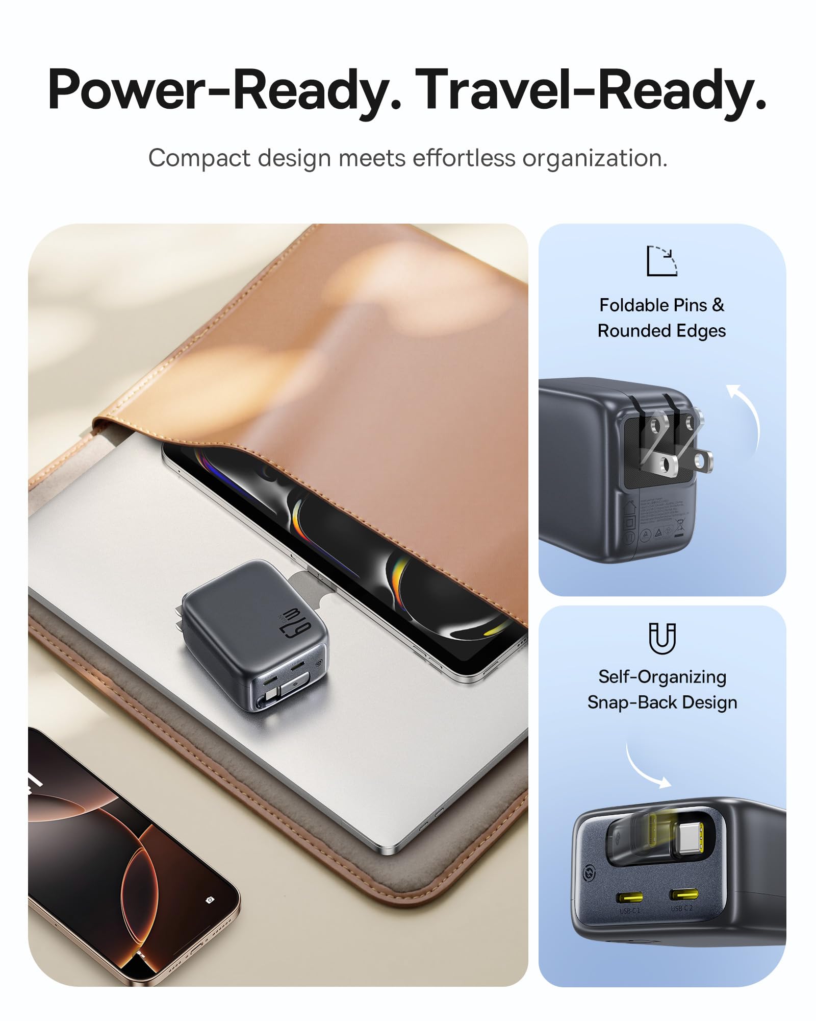 Baseus Enercore CJ11 Retractable USB C Charger, 67W 3 in 1 Fast Charging Block with Foldable Plug, PD/PPS for Galaxy S25/iPhone 17/16/15 Series/MacBook Air/Airpods 4