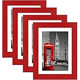 Hongkee 5x7 Picture Frame (4 Pack, Red) Made of Real Glass and Wooden Frame - Display Pictures 4x6 with Mat or 5x7 Without Mat, 5 by 7 Photo Frames TableTop Display and Wall Mounting