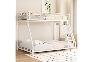 Miscoos Twin Over Full Metal Bunk Bed, Heavy-Duty Full Bed Frame with Full-Length Guardrails and Safety Ladder, Space Saving Metal Bunk Bed, No Box Spring Needed, White