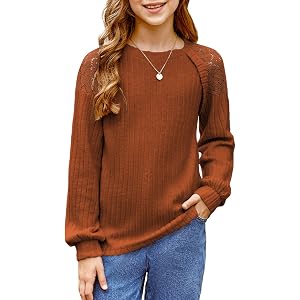blibean Girls Fall Long Sleeve Shirts Lace Dress Tops Size 6-15 Years | Solid, Crewneck Puff Sleeve, Spring Winter Fleece Str