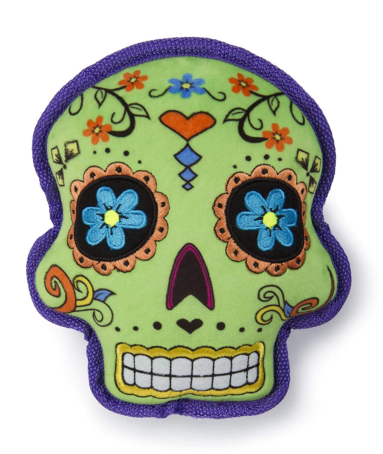 goDog Sugar Skulls Day of the Dead Squeaky Plush Dog Toy, Chew Guard Technology - Green, Large