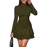 PRETTYGARDEN Womens Spring Long Sleeve Dresses 2026 Mock Neck Ruched Y2K Clothes Ruffle Layered Bodycon Mini Party Dress