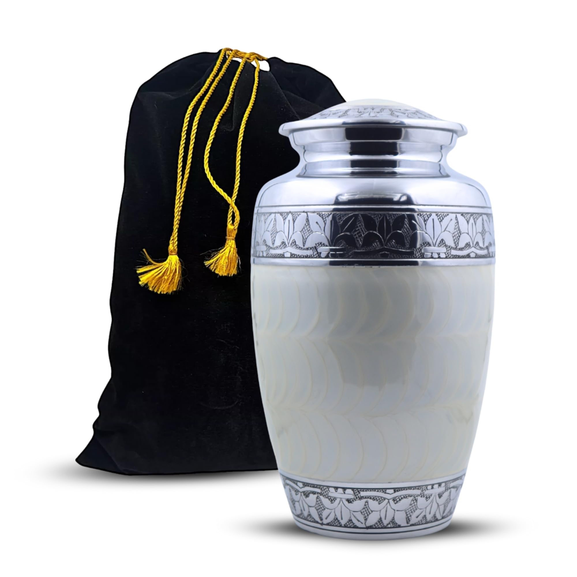Hind Handicrafts Silver Engraved Cremation Urn for Adults, Handmade Aluminium Urn in Pearl White, Solid Pattern, 7"L x 7"W x 10.5"H, 220 cubic inches
