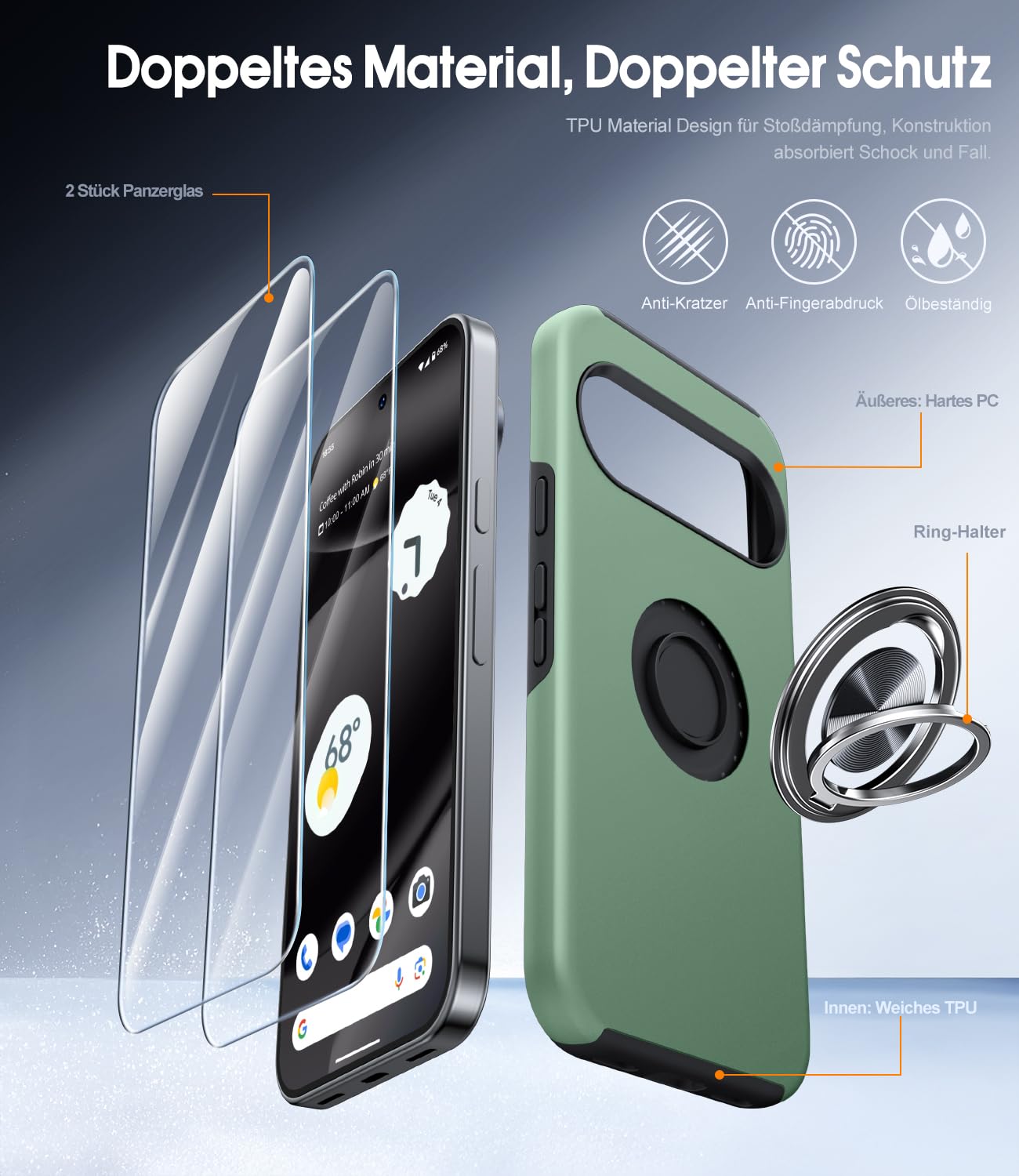 AOUIA für Google Pixel 10 Pro XL Hülle mit 2 Stück Schutzglas, 360°Ring Ständer, Stoßfeste Schutzhülle, 3-in-1 Handyhülle für Pixel 10 Pro XL, Grün 6