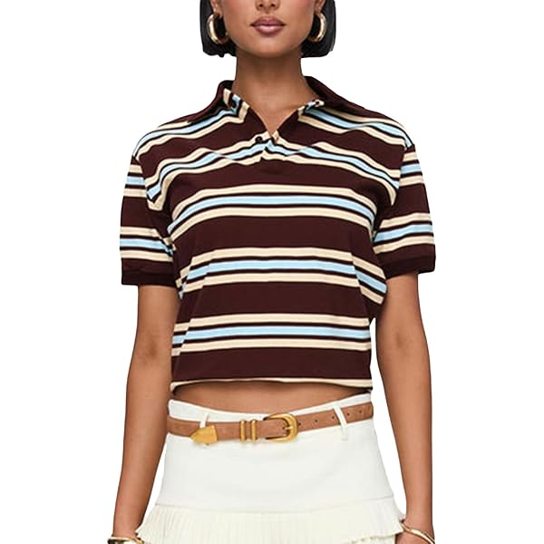 Women Striped Polo Tees Short Sleeve V Neck Button Tennis Shirts