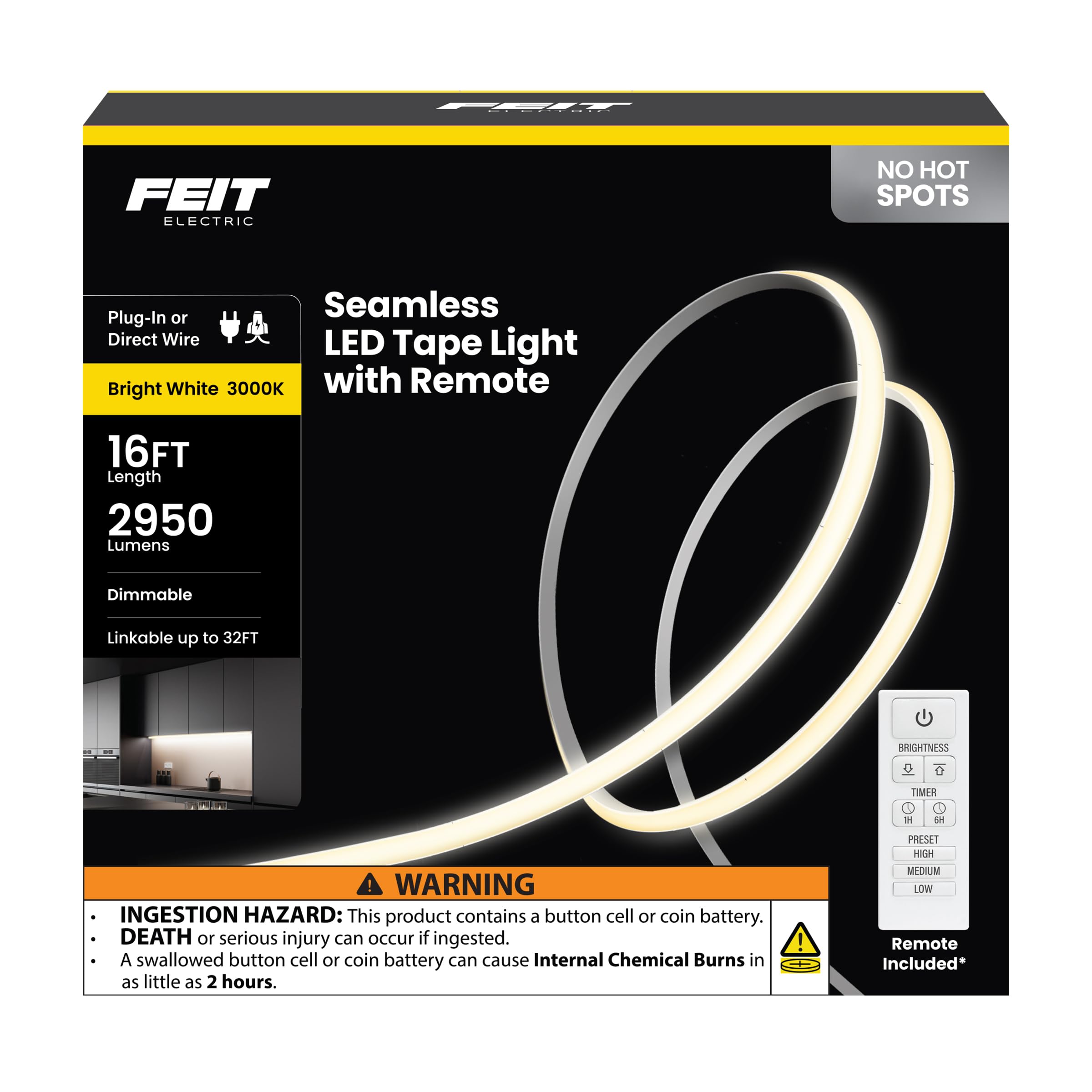 Photo 1 of Feit Electric 16 ft LED COB Tape Light, 2950 Lumens Total, 3000K Bright White, Dimmable with Included Remote, Plug-in or Direct Wire Installation, Ultrathin Continuous Strip Lighting, TAPE192/COB/LED