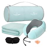 urnexttour Travel Pillow and Blanket Set Neck Pillows Soft Blankets with Sleep Mask Travel Essentials for Airplane Car Memory Foam Blue Green
