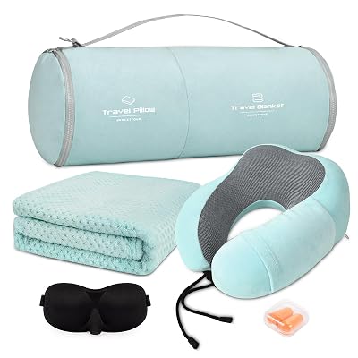 urnexttour Travel Pillow and Blanket Set Neck Pillows Soft Blankets with Sleep Mask Travel Essentials for Airplane Car Memory Foam Blue Green