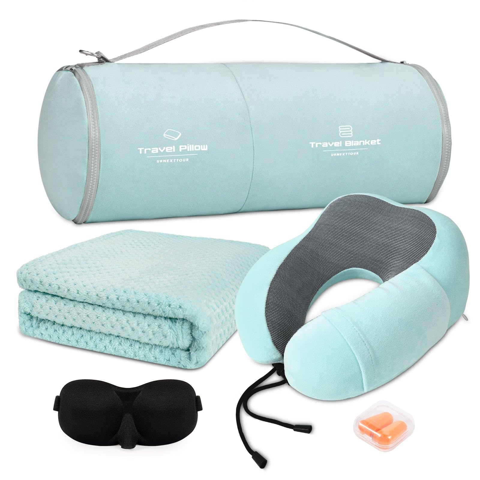 Photo 1 of urnexttour Travel Pillow and Blanket Set Neck Pillows Soft Blankets with Sleep Mask Travel Essentials for Airplane Car Memory Foam Blue Green