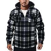 Genafy Men's Flannel Jacket Hoodie Full Zip Up Plaid Thick Fleece Sherpa Lined Sweatshirt Winter Warm Coats