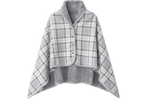 Wearable Blanket Poncho for Adults Women Plaid Sherpa Fleece Oversized Comfy Wrap Shawl Button Front with Collar