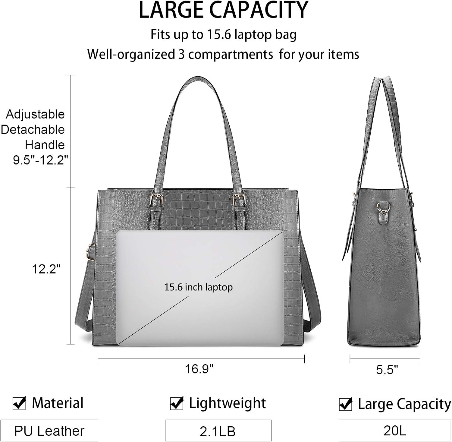 Lubardy Laptop Bags for Women Tote Bag 15.6 Inch Leather Large Ladies Handbag Work Bag Designer Business Shoulder Shopping Office Bag Grey - Image 3