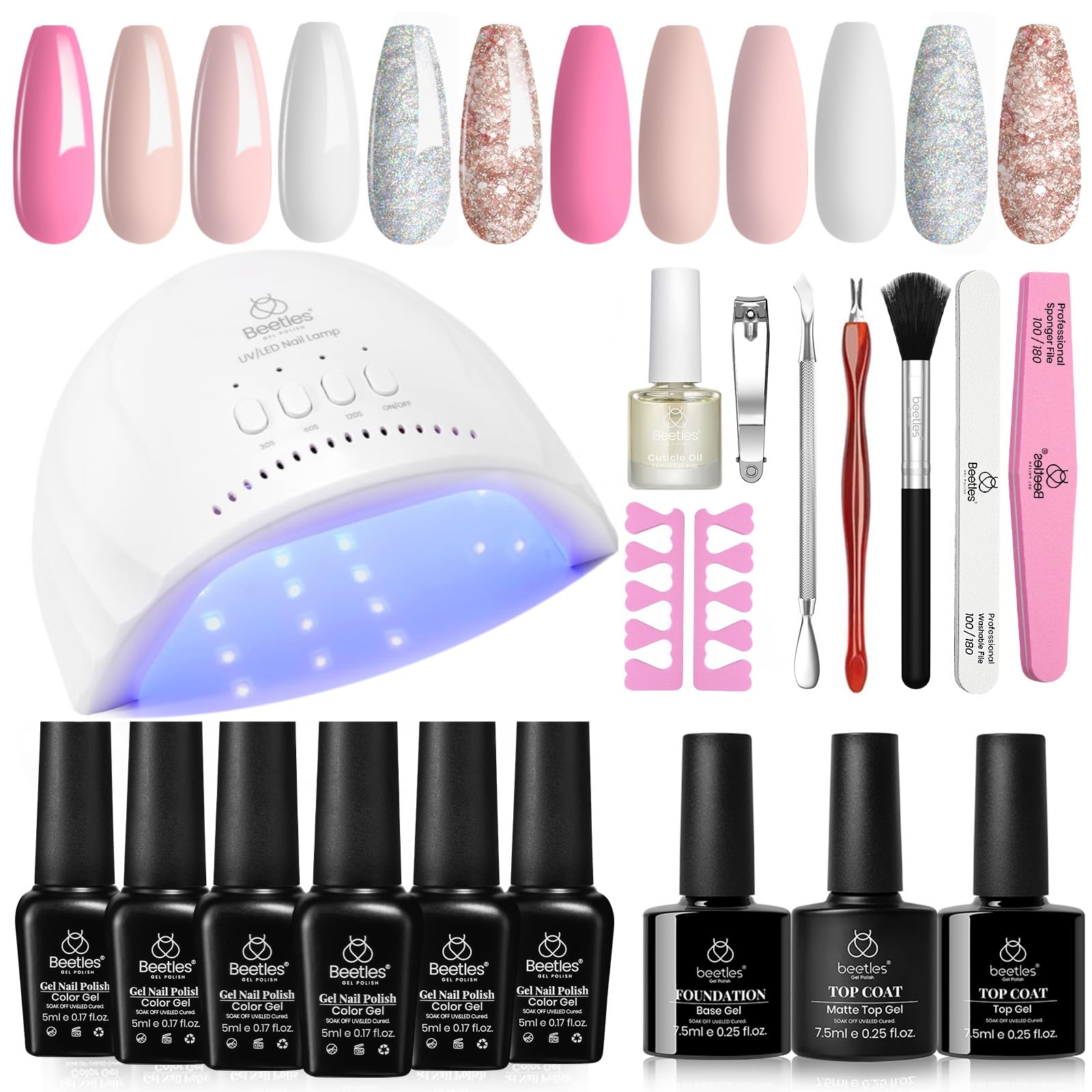 Beetles Gel Polish 6 Colors Nail Starter Kit Salon Set with 48W Nail Lamp Pink Decorations French White Glitter Pink Nude Gel Nail Polish with Base Top Coat Nail Manucure DIY