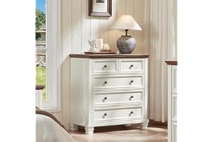 SAVOR LIFE Farmhouse 5 Drawer Dresser for Bedroom, 32.6 Inch Tall Vintage Chest of Drawers, Rustic Small Dressers w/Square Solid Wood Legs, Mid-Century Storage Organizer for Living Room, White