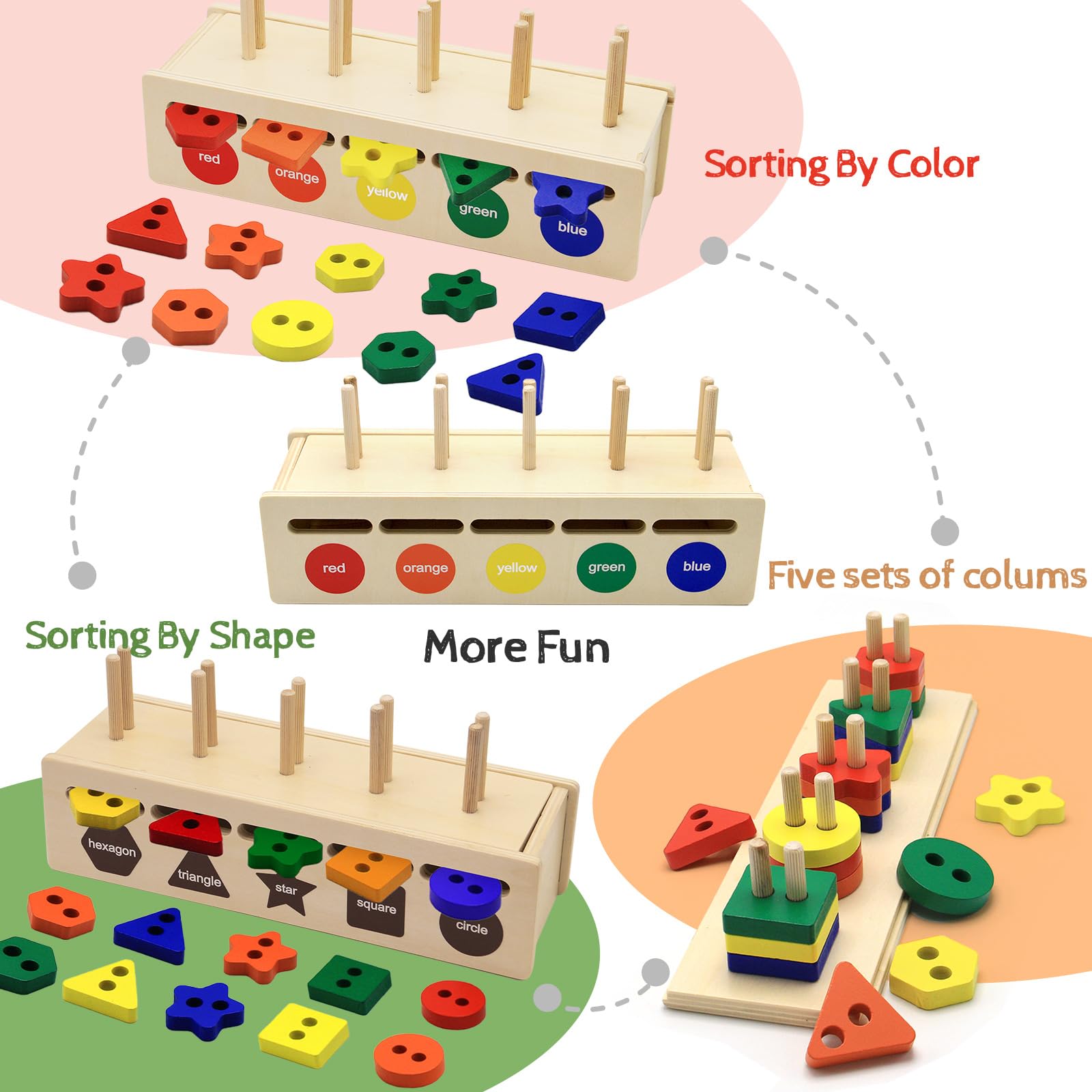DRAMATION Montessori Toys, Wooden Color & Shape Sorting Matching Box, Wooden Sorting & Stacking
