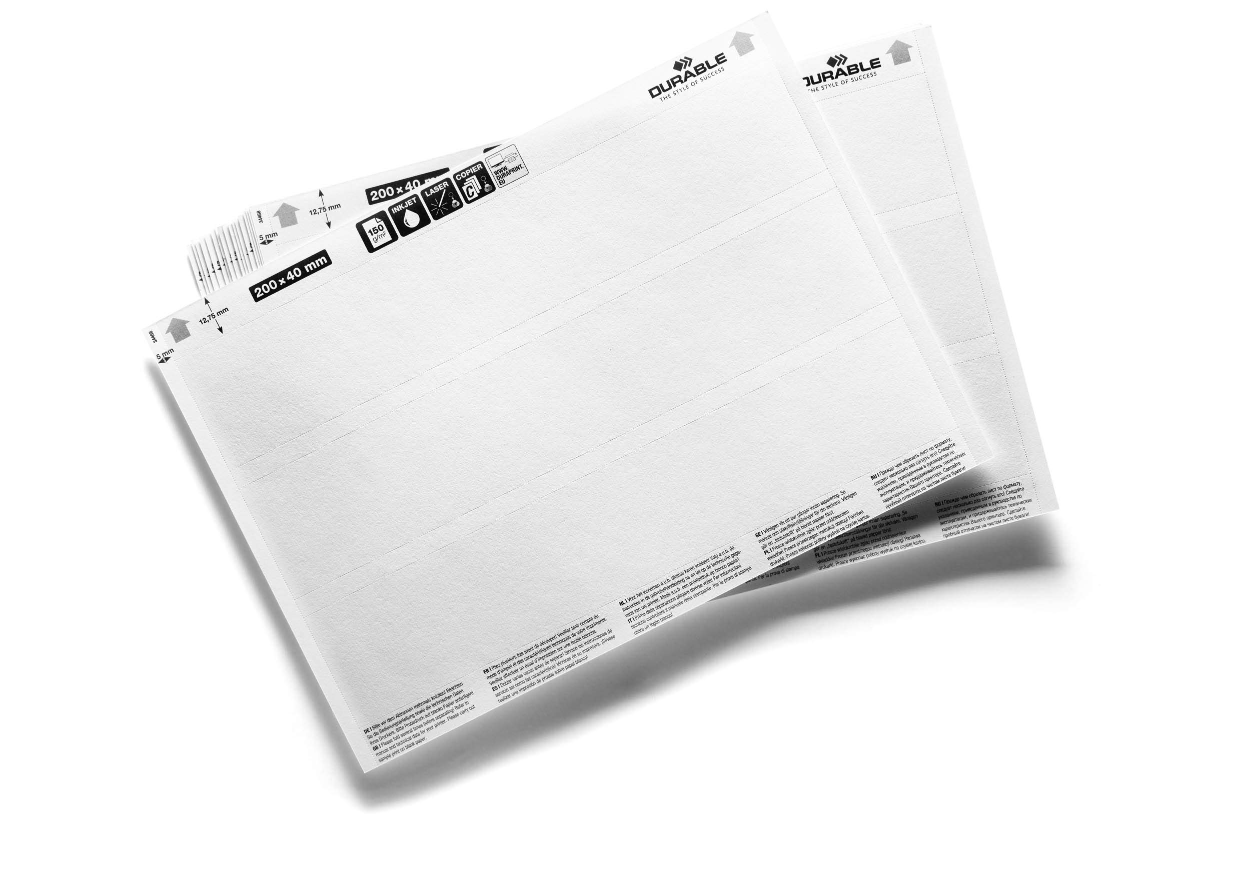 Durable Insertable Labels Label Refill White, for Articles in 200 x 40 mm format, 60 Labels, e.g. SCANFIX, C-ProFile or LABELFIX