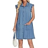 EZAPINE Denim Dress for Women Button Down Ruffle Sleeveless Blue Jean Dresses Summer Cute Short Mini Dress