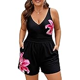 Plus Size Swim Romper Women One Piece Swimsuit Tummy Control Bathing Suit Modest Full Coverage Swimwear with Shorts Pockets