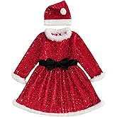 Dobeiokal Toddler Baby Girl Christmas Outfit Santa Glitter Fur Long Sleeve A Line Dress for Party Cute Girls Christmas Dress