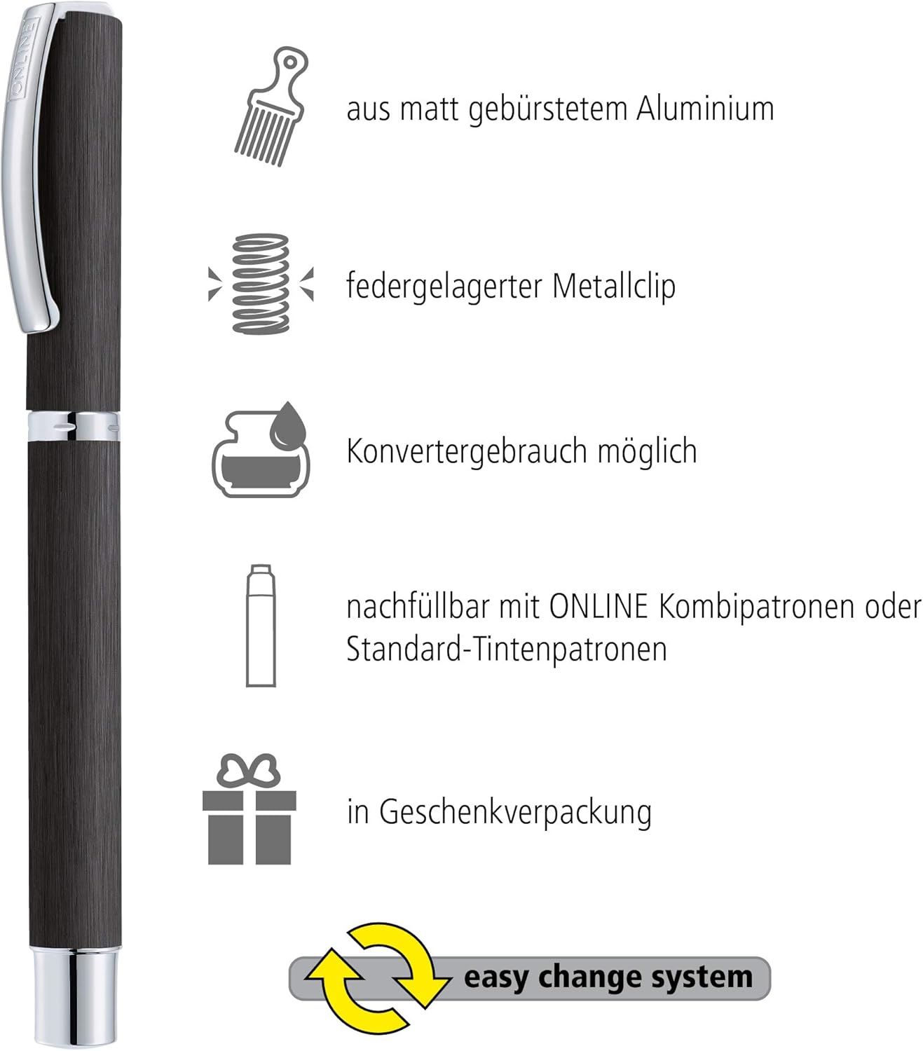 Online, 36603 AA8Vision Black Fountain Pen with Clear Design Matt Brushed Aluminium Iridium Nib F (Fine) Colour: Black - Image 3