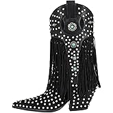 sexytag Fringe Cowboy Boots Rhinestone Embellishments Mid Calf Cowgirl Boots Turquoise Flower Studded Western Booties