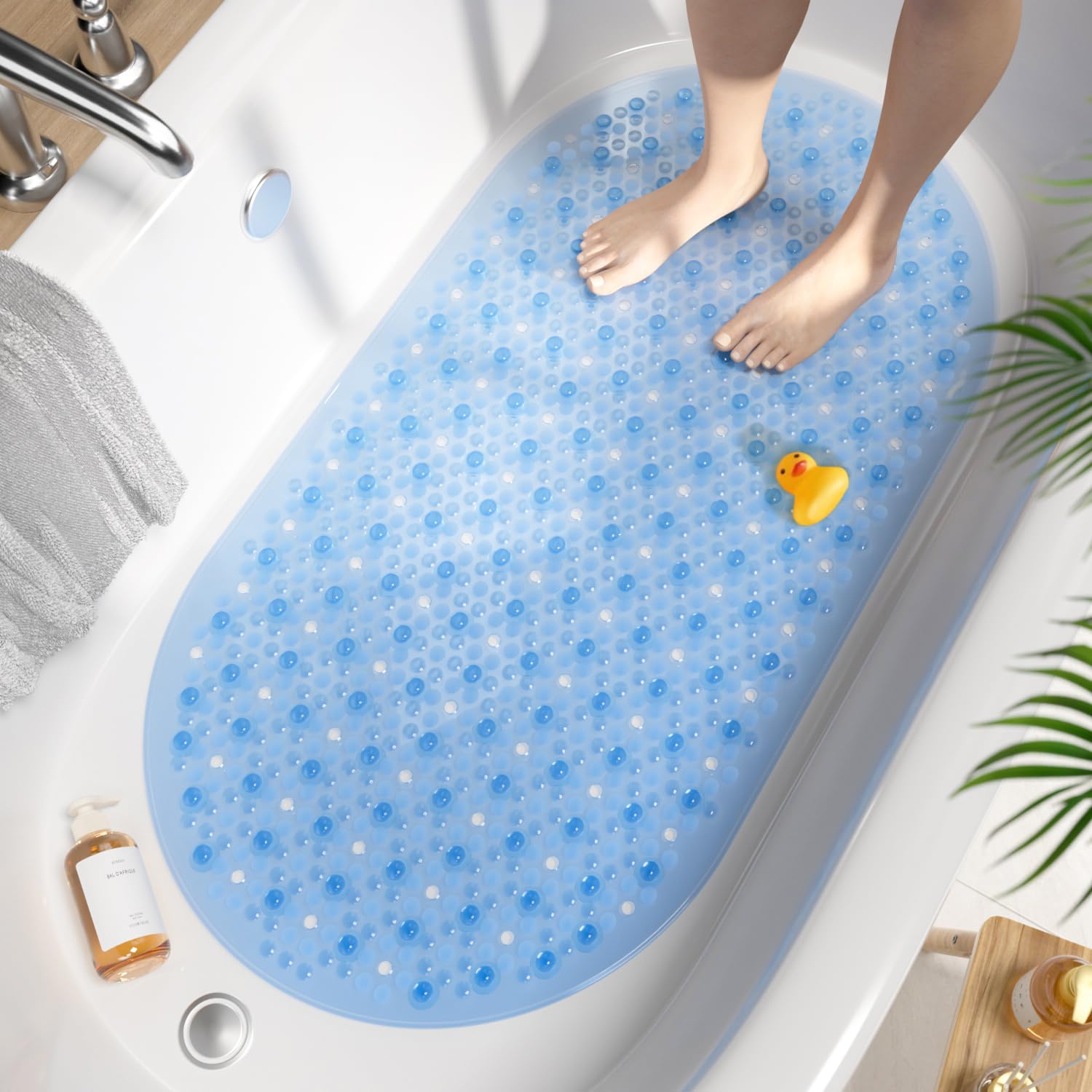 HITSLAM Oval Bath Mat Non Slip Anti Mould, 68 x 38 CM Anti Slip Shower Mat for Bathroom, Machine Washable Bubble Bathtub mat with Suction Cups and Drain Holes, Soft on Feet, Blue