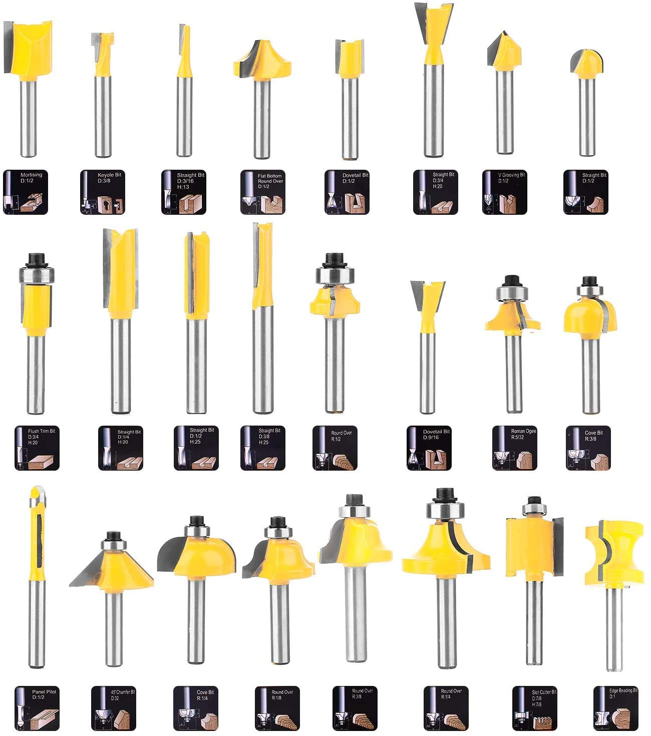 KOWOOD 24X Router Bits Set 1/4 Inch Shank Made of 45# Carbon Steel YG6x Alloy Blade for Professional Woodworking: Industrial & Scientific