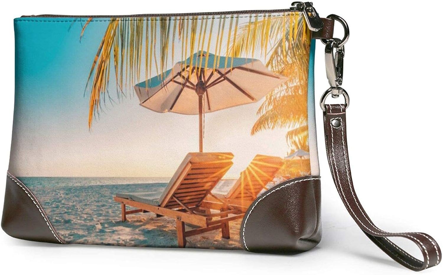 Summer Beach Printed Clutch Purse Detachable Leather Wristlet Handbag