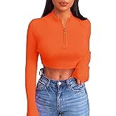 Artfish Women Long Sleeve Turtleneck Crop Top Zip Neon Sexy Fitted Cropped Shirts