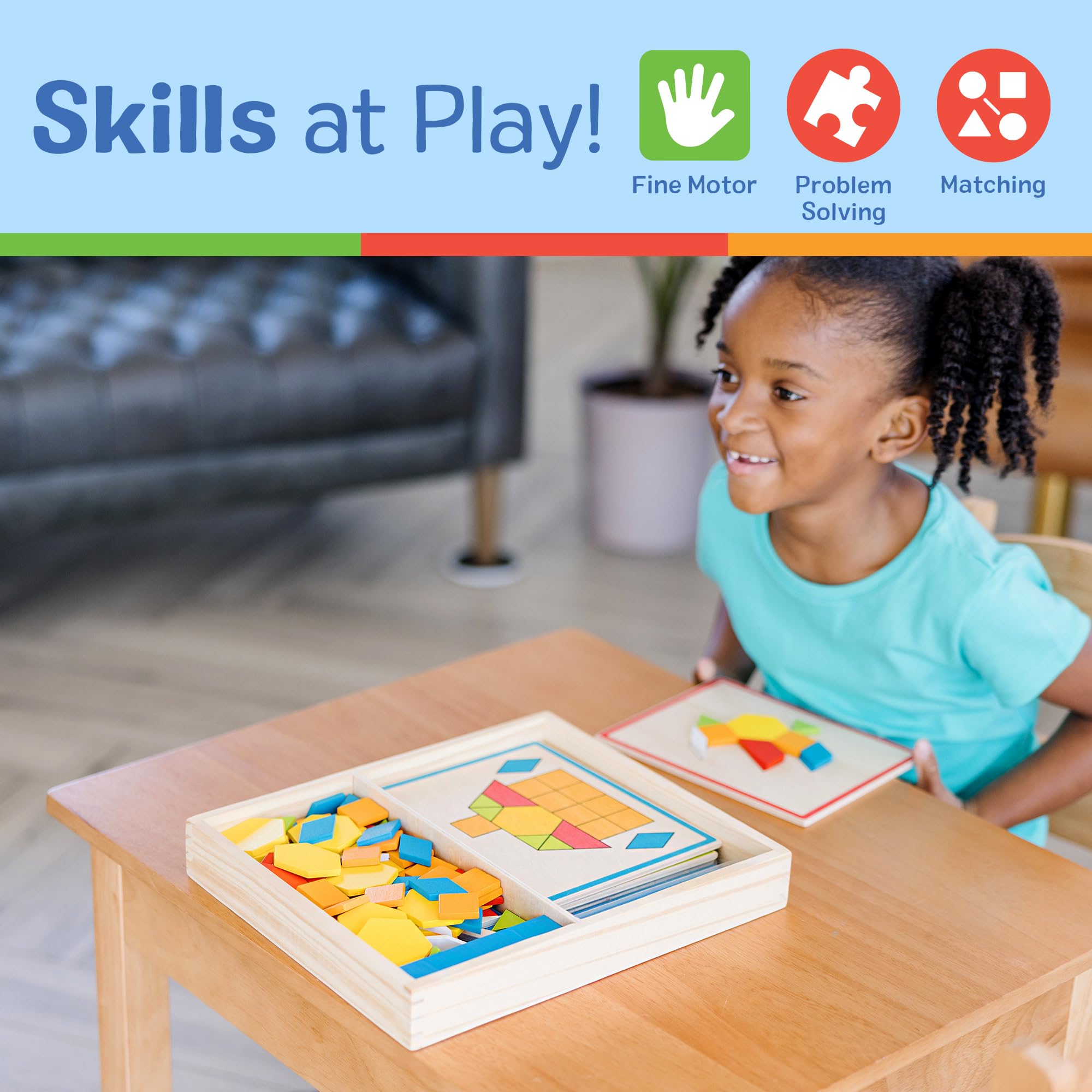 Melissa & Doug Pattern Blocks and Boards - Classic Toy With 120 Solid Wood Shapes and 5 Double-Sided Panels