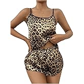 SOLY HUX Pajama Sets for Women 2 Piece Leopard Print Satin Sleepwear Cami Top and Shorts Loungewear
