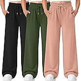 LessonZoo 3 Pack Girls' Sweatpants Straight Wide Leg Kids Drawstring Casual Joggers Teen Loose Athletic Pants with Pockets