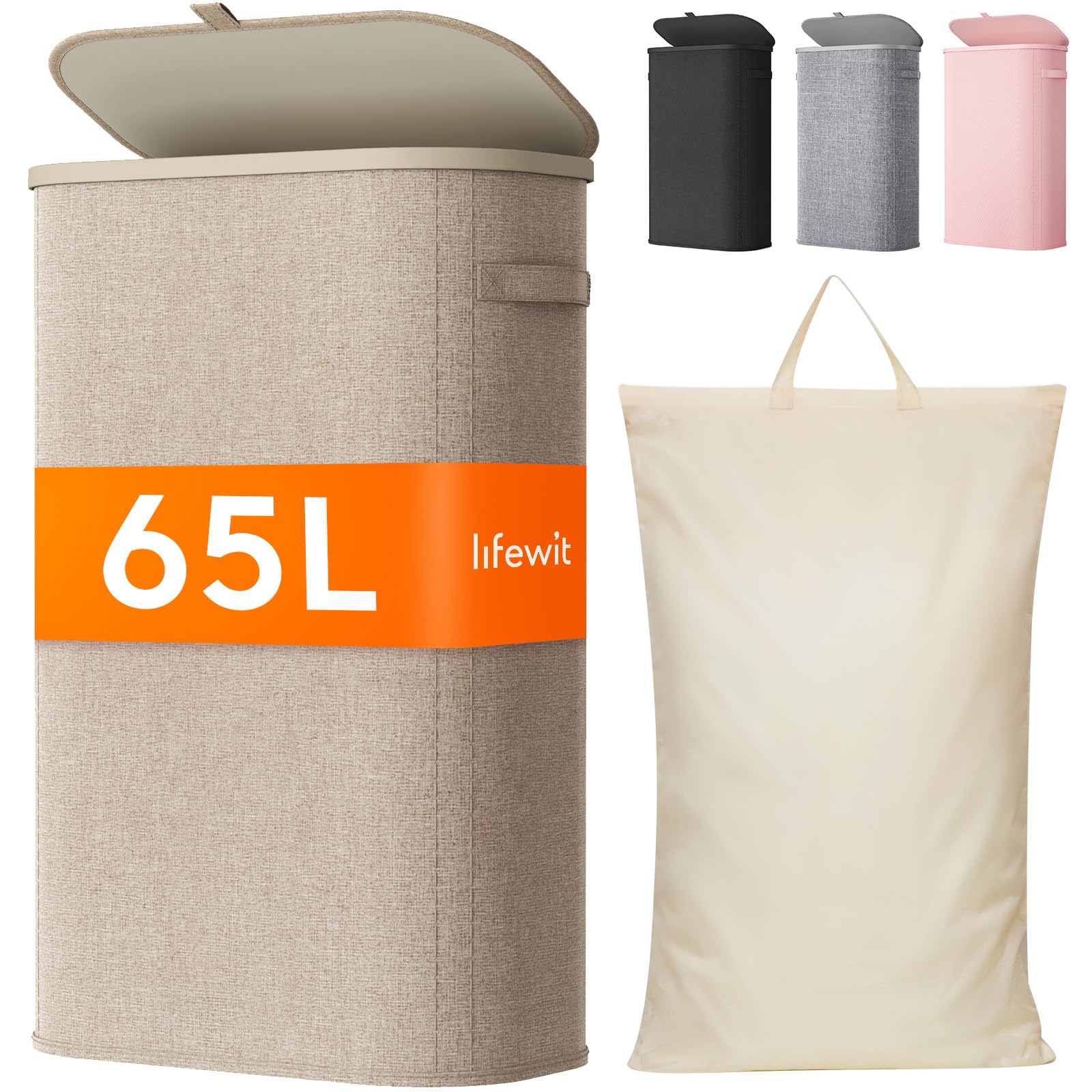 Lifewit 65L Slim Laundry Basket with Lid, Narrow Large Laundry Hamper with Plastic Handles and Removable Bag, Tall Foldable Dirty Clothes Hampers for Laundry Room, Bedroom, Bathroom, Dorm, Beige