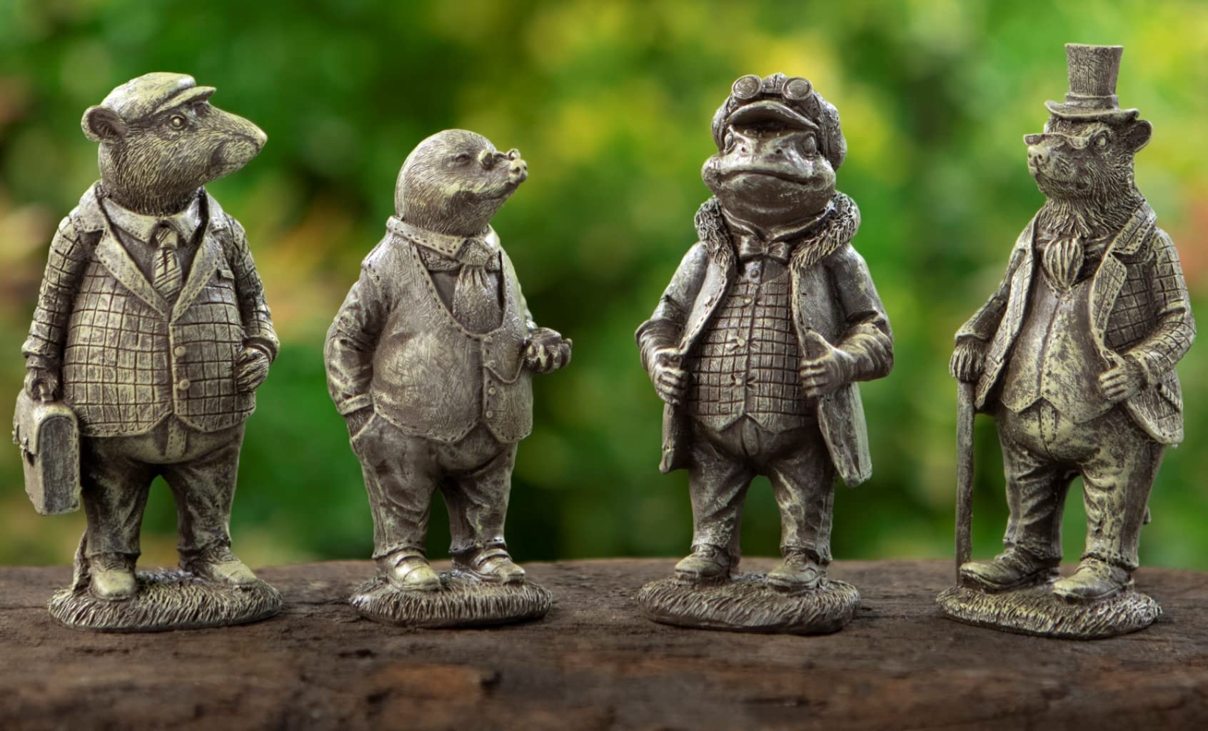 Inspirational Gifting 4 Miniature 14cm Wind in the Willows Garden Sculptures Statues made from a solid stone resin, featuring Ratty, Mole, Badger and Toad! - hand finished with aged patina.