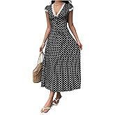 Milumia Women's Polka Dots Lace Trim Deep V Neck Dress Short Sleeve Flared Long Dresses