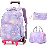 3Pcs Rolling Backpack for Girls Dream Princess Wind Bookbag with Wheels Travel Bag Trolley School Bag with Lunch Box Purple