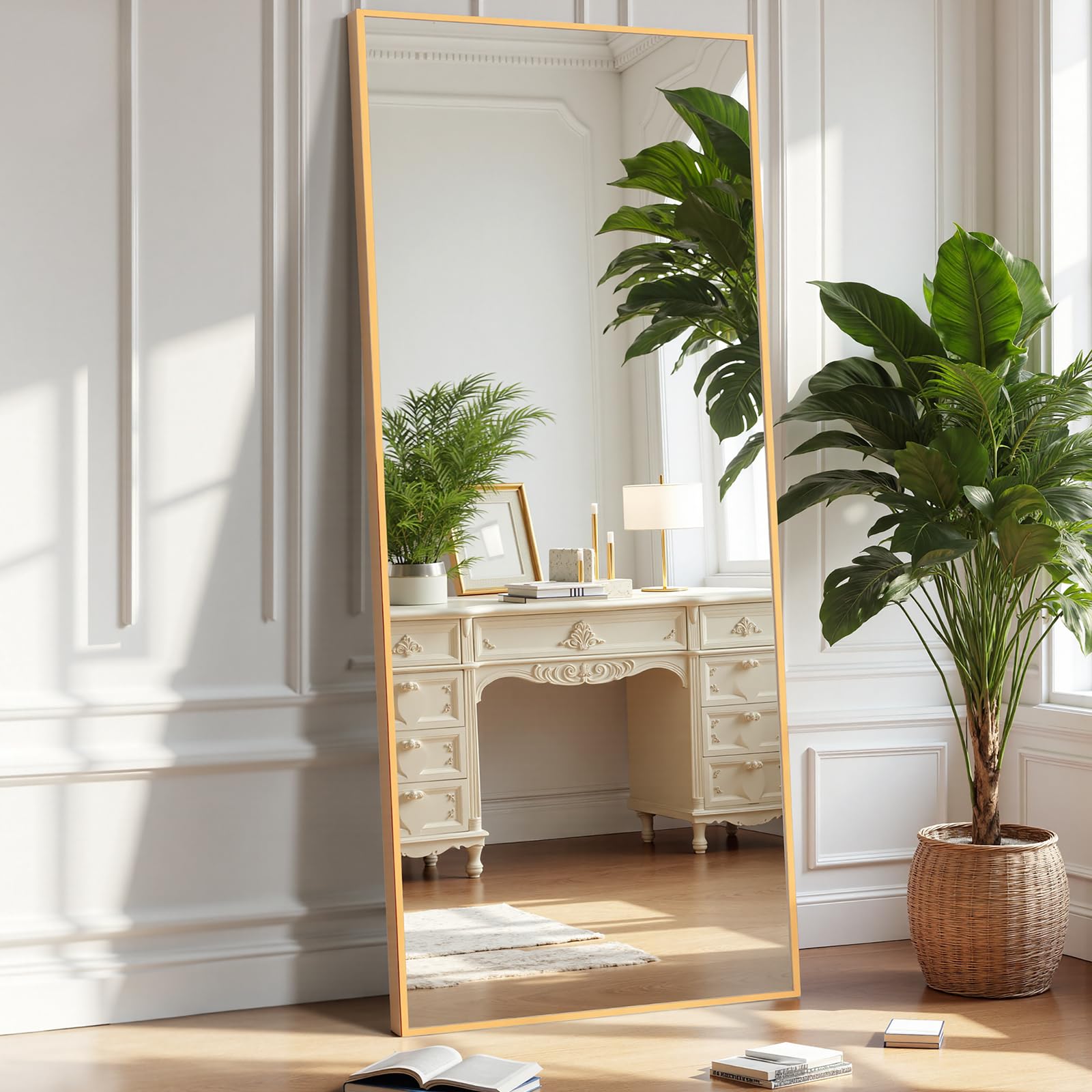 OLIXIS Full Length Mirror for Bedroom, 58"x19" Full Body Mirror with Stand, Hanging or Leaning for Wall, Aluminum Alloy Thin Frame Floor Standing for Living Room, Long, Gold Image