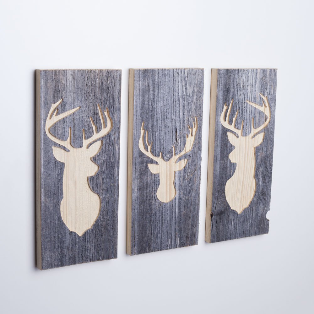 WOODS Set of 3 wall pictures with deer motif, wall decoration made of wood, handmade in Bavaria, real cottage wood, unique piece, modern vintage look for living and bedroom, 3 pieces, 35 x 15 x 2 cm