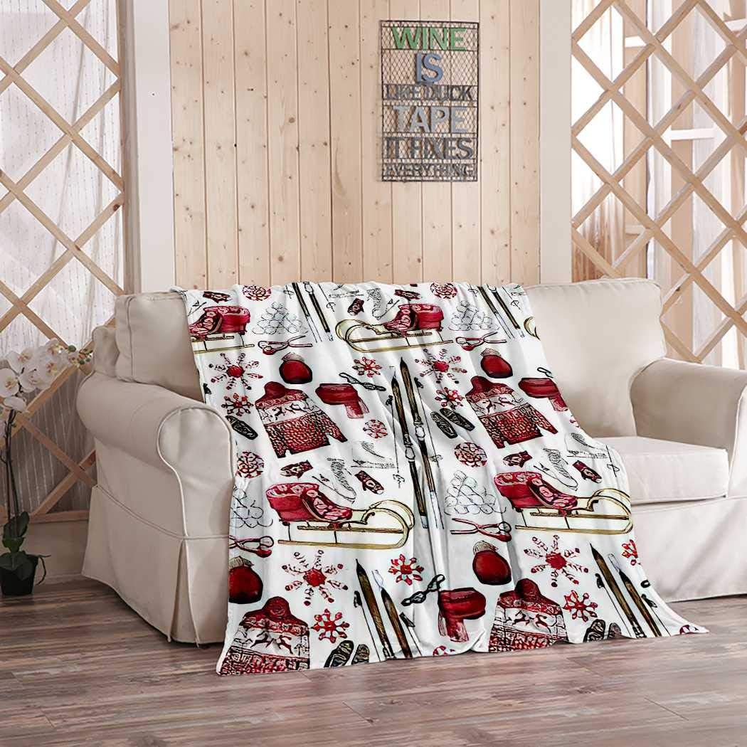 Kuidf Ski Pattern Throw Blanket, Watercolor Winter Equipment Ski
