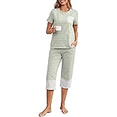 Namatime Womens Cotton Pajama Set Stripe 2 Piece Lounge Set Short Sleeve Capri Pj Set Comfy Loungewear Sleepwear with Pockets