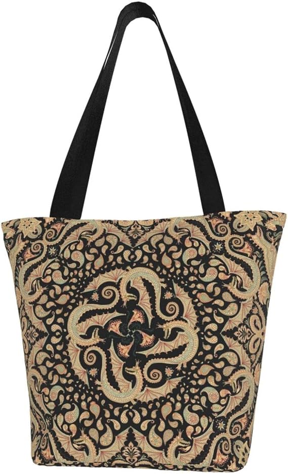 Amazon エコバッグ トートバッグ 買い物バッグ 買い物袋 ベクトルカラフルなドラゴンバンダナは黒い背景に印刷します ペイズリー柄 おせち お歳暮 エコバッグ トートバッグ 買い物バッグ 買い物袋 28x33cm シューズ バッグ