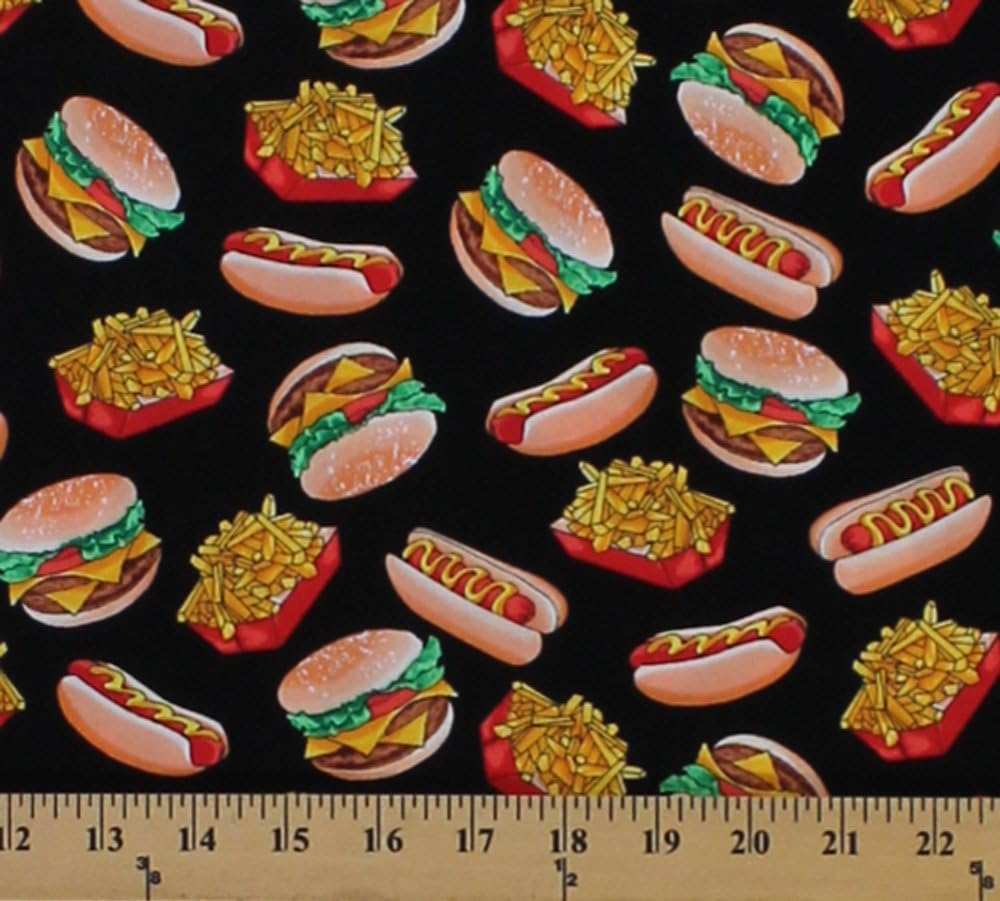 Cotton Arnold's Diner Hot Dogs Hamburgers French Fries Fast Food Black Cotton Fabric Print by The Yard (05827-99)