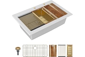 Sarlai Granite Composite Kitchen Sink - 33 Inch Granite Drop In Kitchen Sink Topmount Ledge Workstation White Sinks 33"x22 Inch Quartz Classic Above Counter Single Bowl Basin With Gold Accessories