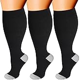 Double Couple 3 Pairs Plus Size Compression Socks for Women Men Wide Calf Extra Large 20-30 mmHg Knee High Sock for Nurses Pregnant Travel