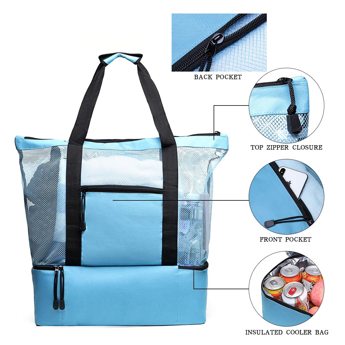 Tang Xiao Bang Beach Tote Mesh Beach Bags Insulated Picnic Cooler Pool Bag with Zipper Top for Women (Sky Blue)